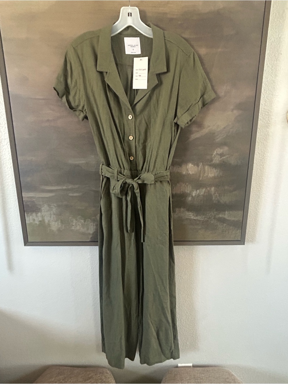 NWT Angel Kiss Olive Green Linen Blend Utility Jumpsuit with Tie Waist